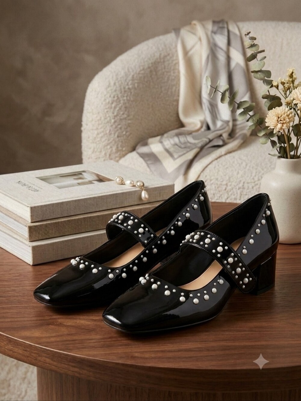 Copper Key Women's Studded Pearl Patent Mary Jane Black Pumps Size 9